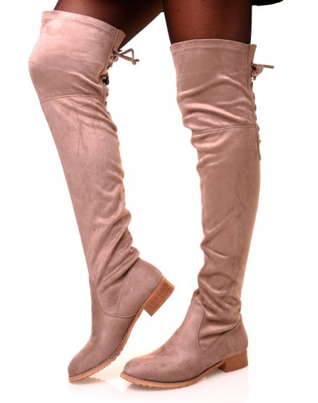 Flat taupe lace-up thigh-high boots
