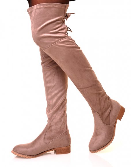 Flat taupe lace-up thigh-high boots
