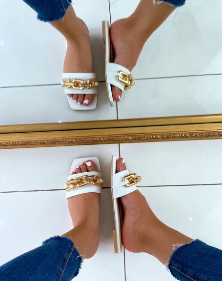 Flat white mules with big golden chain and square toe