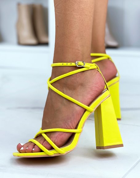 Fluorescent yellow heeled sandals with multiple straps