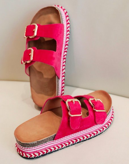 Fuchsia flat mules with double strap and Aztec sole