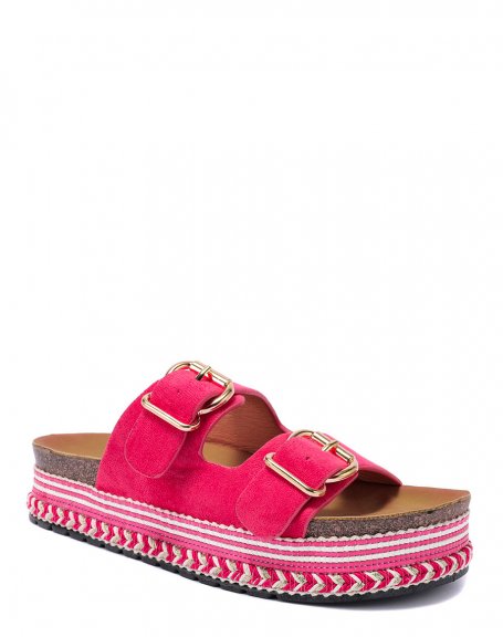 Fuchsia flat mules with double strap and Aztec sole