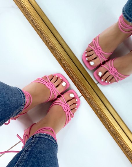 Fuchsia lace-up sandals with wide heels