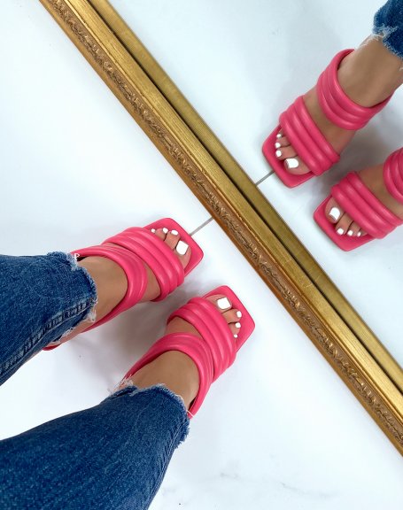Fushia pink sandals with thick straps and stiletto heel