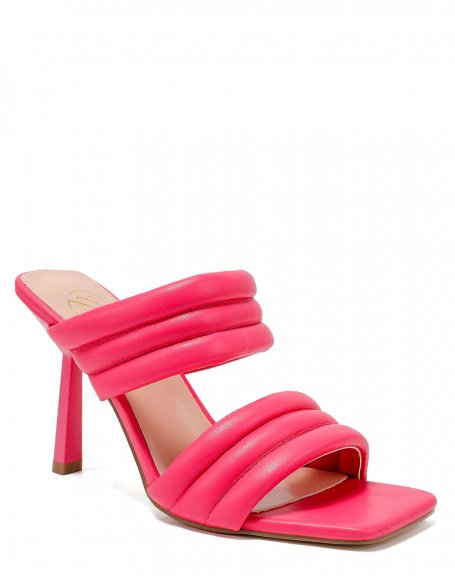 Fushia pink sandals with thick straps and stiletto heel