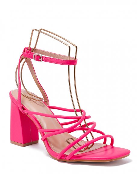 Fushia sandals with criss-cross straps and thick heel
