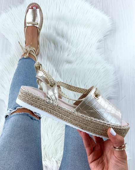 Gold croc-effect platform sandals