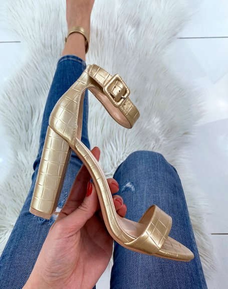 Gold Croc-Effect Square Buckle Heeled Sandals