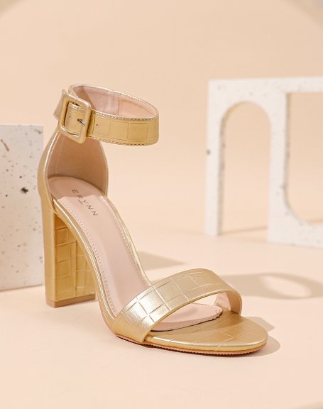 Gold Croc-Effect Square Buckle Heeled Sandals