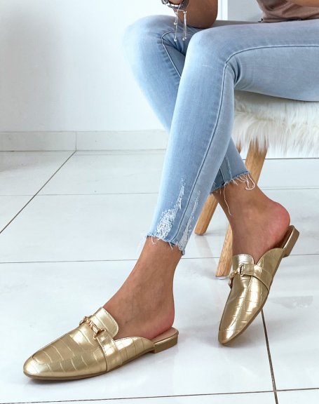 Gold croco moccasin-style mules with straps