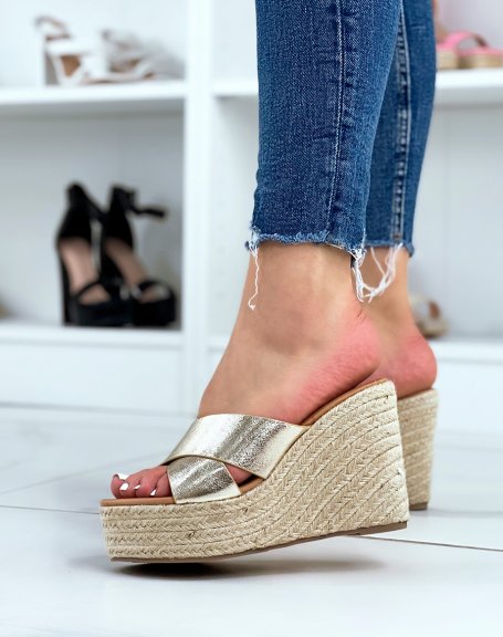 Gold crossover strap wedge mules