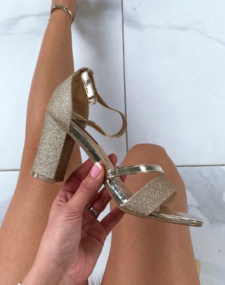 Gold glitter sandals with a thin strap