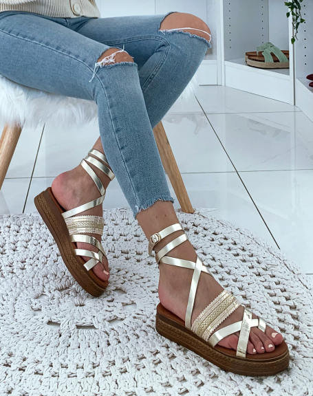 Gold leather lace-up wedge-soled sandals
