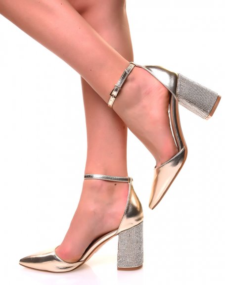 Gold open-toe pumps with rhinestone square heels