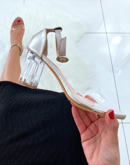 Gold sandals with heels and transparent straps