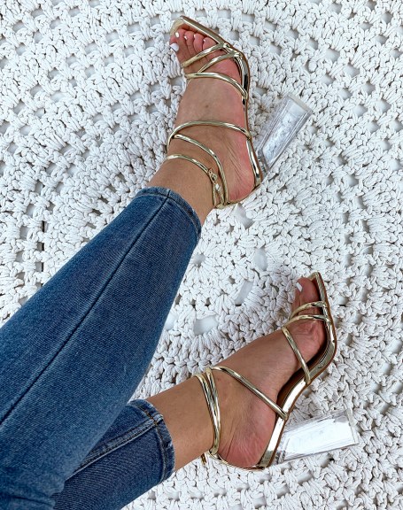 Gold sandals with transparent block heel and sexy straps
