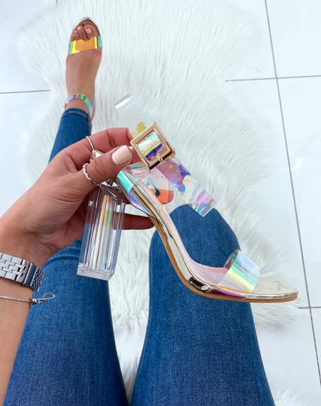 Gold sandals with transparent heels and holographic straps