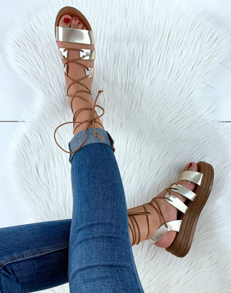 Gold-tone leather lace-up ankle wedge
