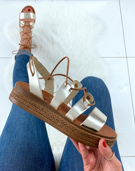 Gold-tone leather lace-up ankle wedge