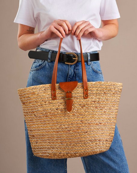 Gold-trimmed woven straw tote bag