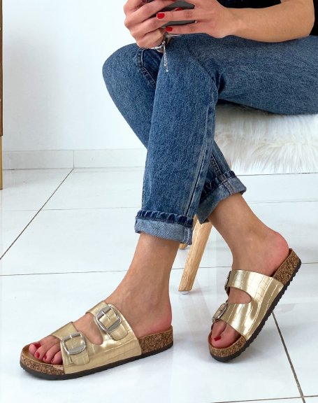 Gold two-strap mules