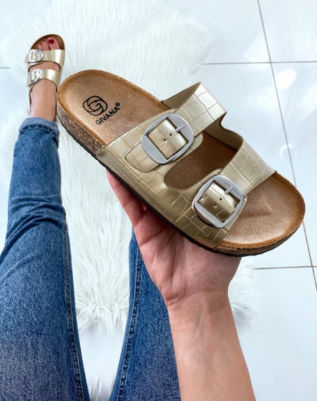 Gold two-strap mules