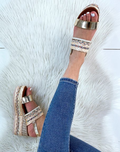 Gold wedge sandals with colored details