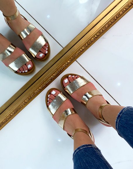 Gold wedge sandals with glittery sole