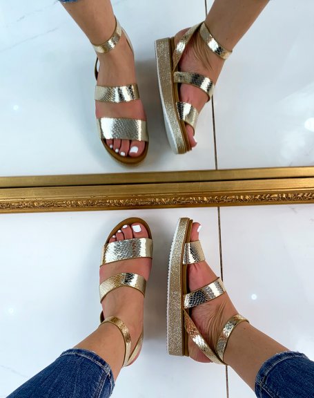 Gold wedge sandals with glittery sole