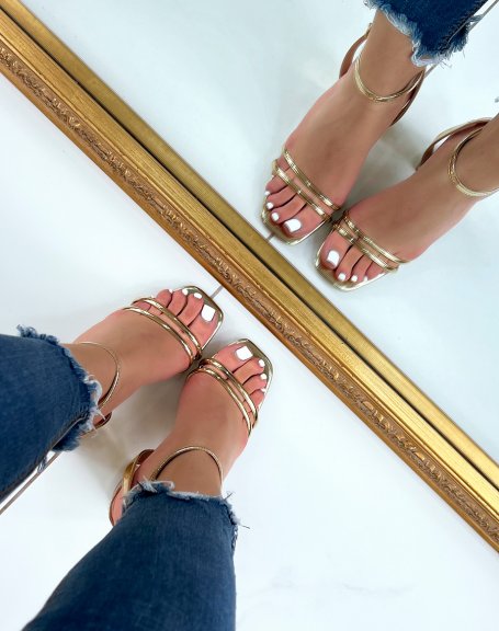Golden patent sandals with double thin front straps with heel