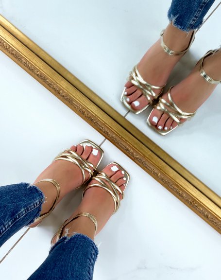 Golden sandals with small heel and multiple straps