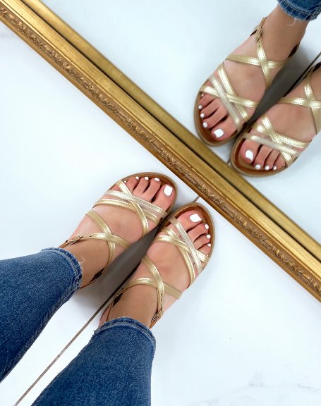 Golden sandals with smooth, satiny and sequined straps