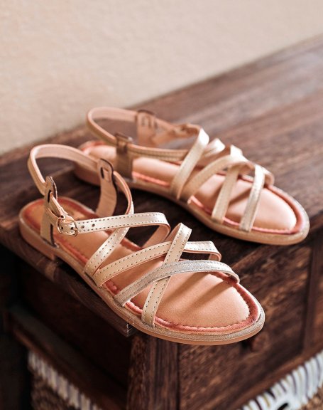 Golden sandals with smooth, satiny and sequined straps