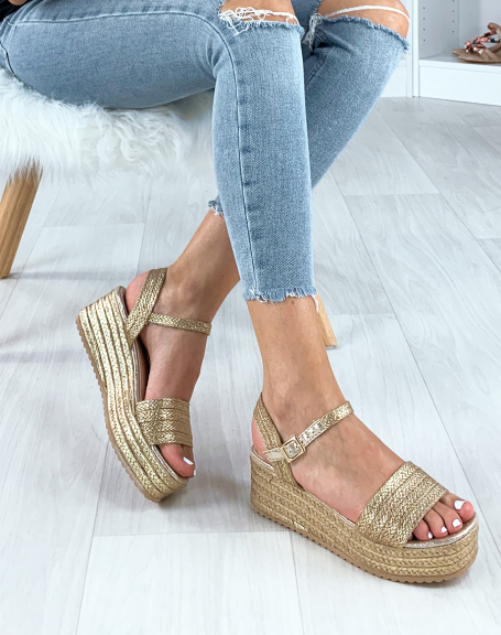 Golden wedge sandals with wide braided straps