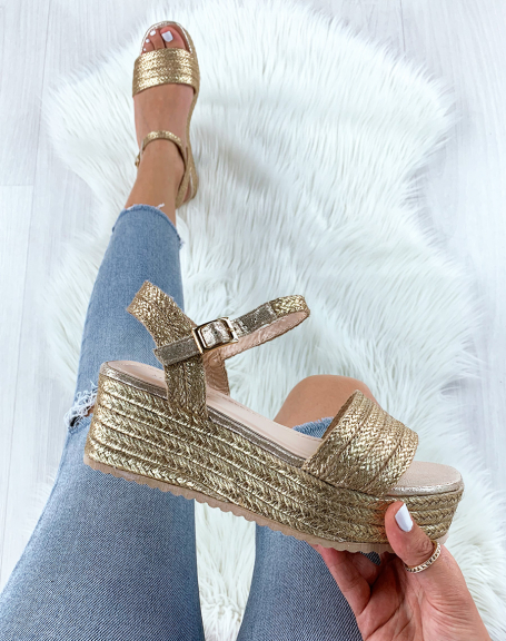 Golden wedge sandals with wide braided straps