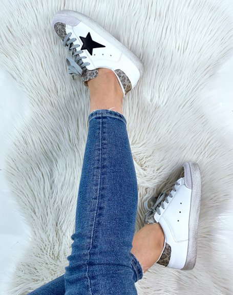 Gray and white sneakers with glitter and leopard details