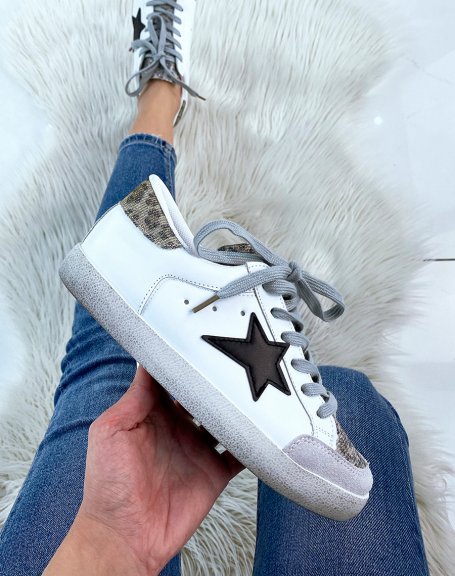 Gray and white sneakers with glitter and leopard details