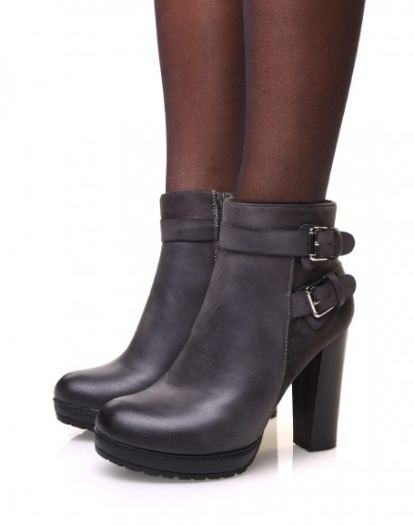 Gray ankle boots with bi-material heels