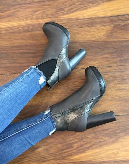 Gray ankle boots with bi-material high heels