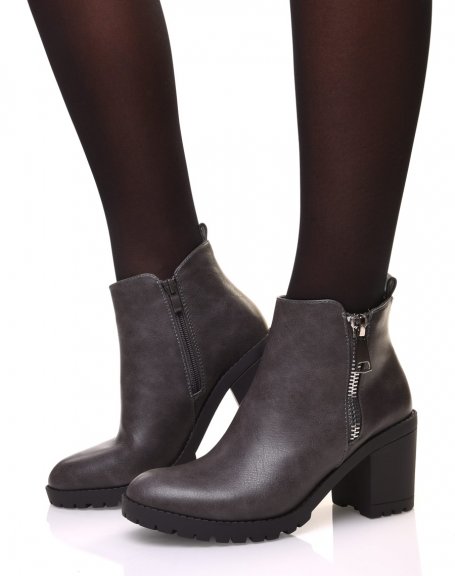 Gray ankle boots with heels and notched sole