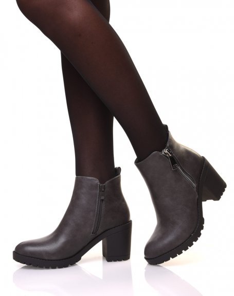 Gray ankle boots with heels and notched sole