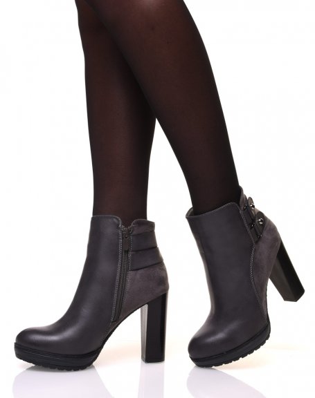 Gray ankle boots with high bi-material heels