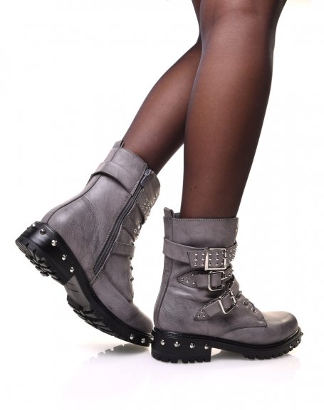 Gray ankle boots with multiple straps & studded details