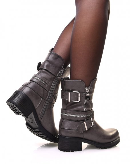Gray ankle boots with multiple straps & zipped details