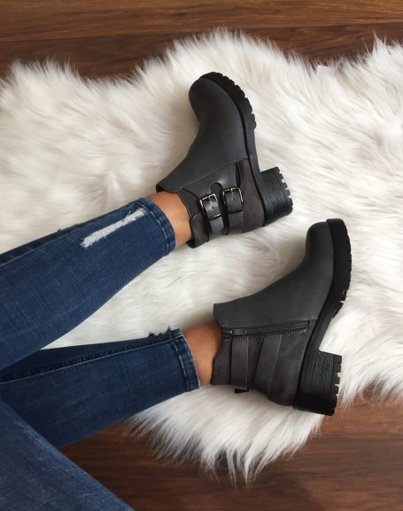 Gray ankle boots with notched sole
