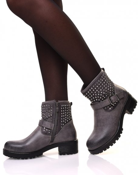 Gray ankle boots with straps adorned with small studs