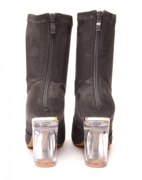 Gray ankle boots with transparent heel and supple top
