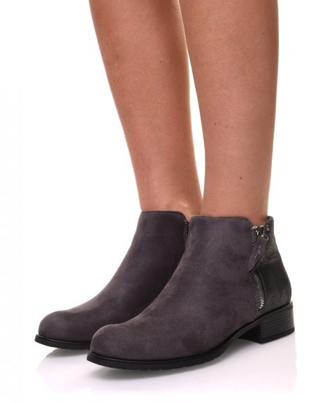 Gray bi-material ankle boots