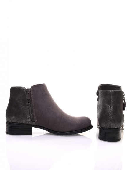 Gray bi-material ankle boots