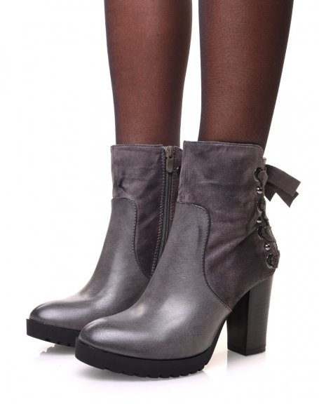 Gray bi-material ankle boots with heels and lace at the back